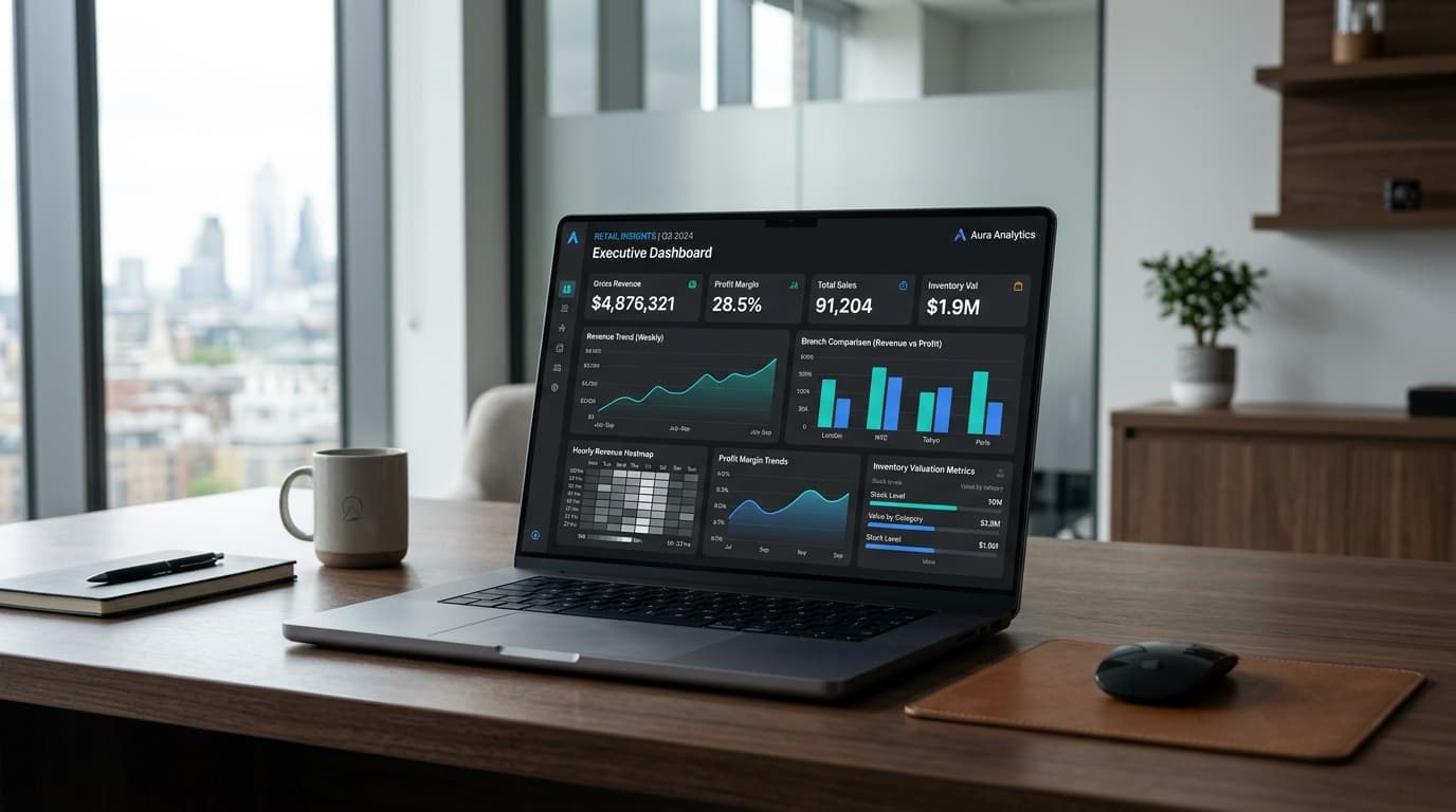 Executive multi-branch retail analytics dashboard on laptop