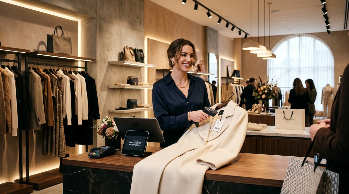 Cashier in designer garment boutique scanning clothing tag with modern POS terminal
