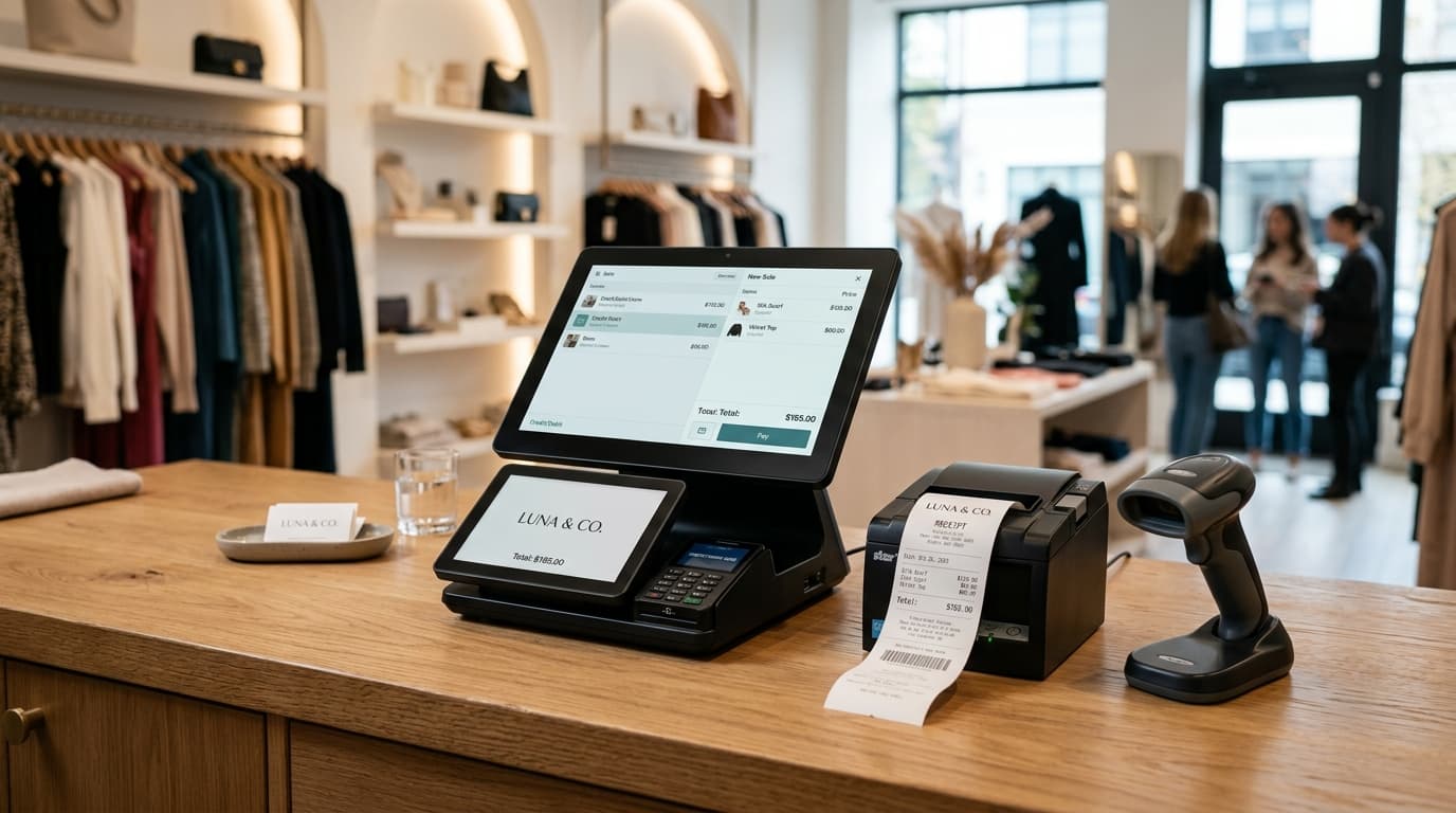 AeroCodix Enterprise POS dual-screen touchscreen terminal in upscale boutique